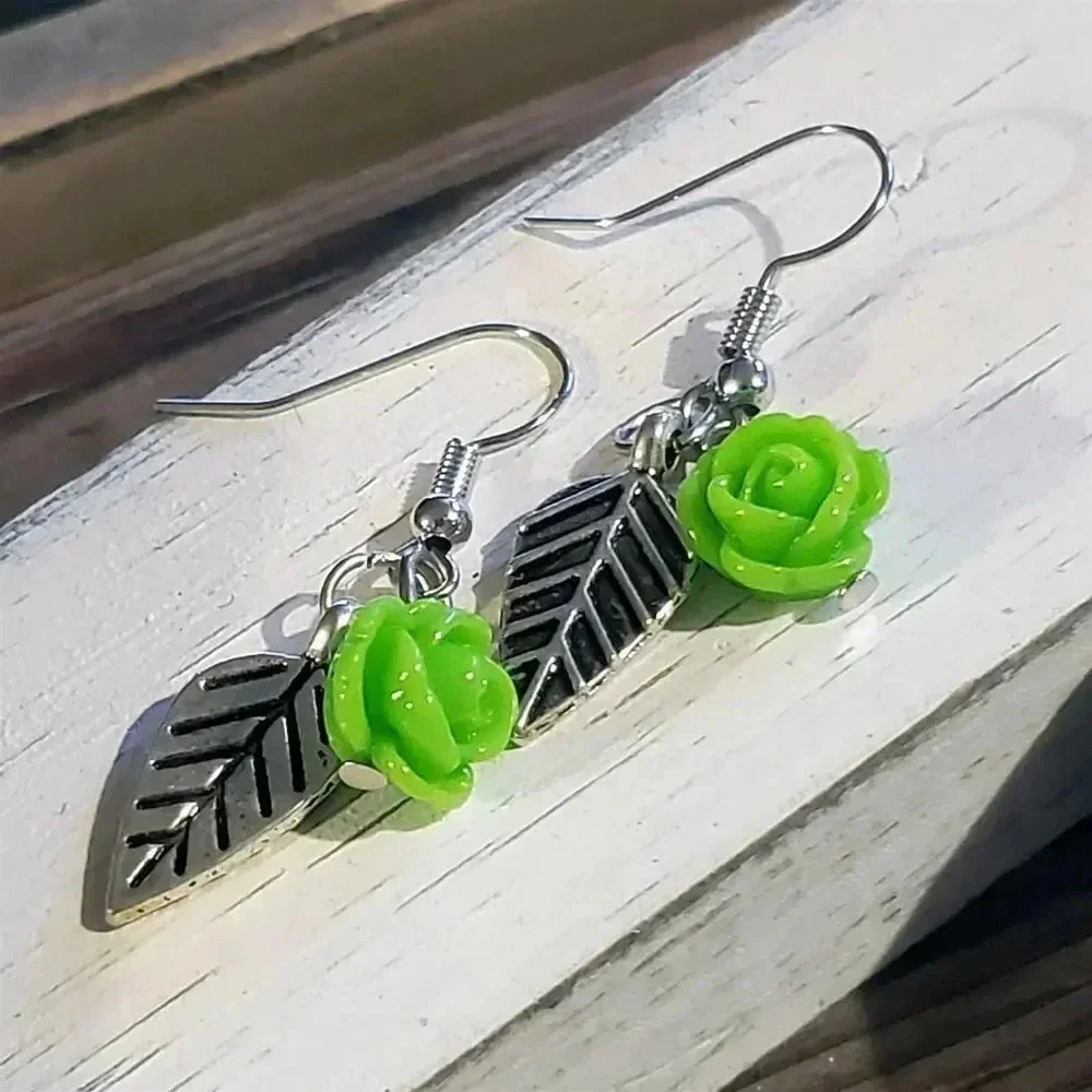 Handcrafted Antique Silver Leaf Spring Green Lucite Rose Dangle Earrings